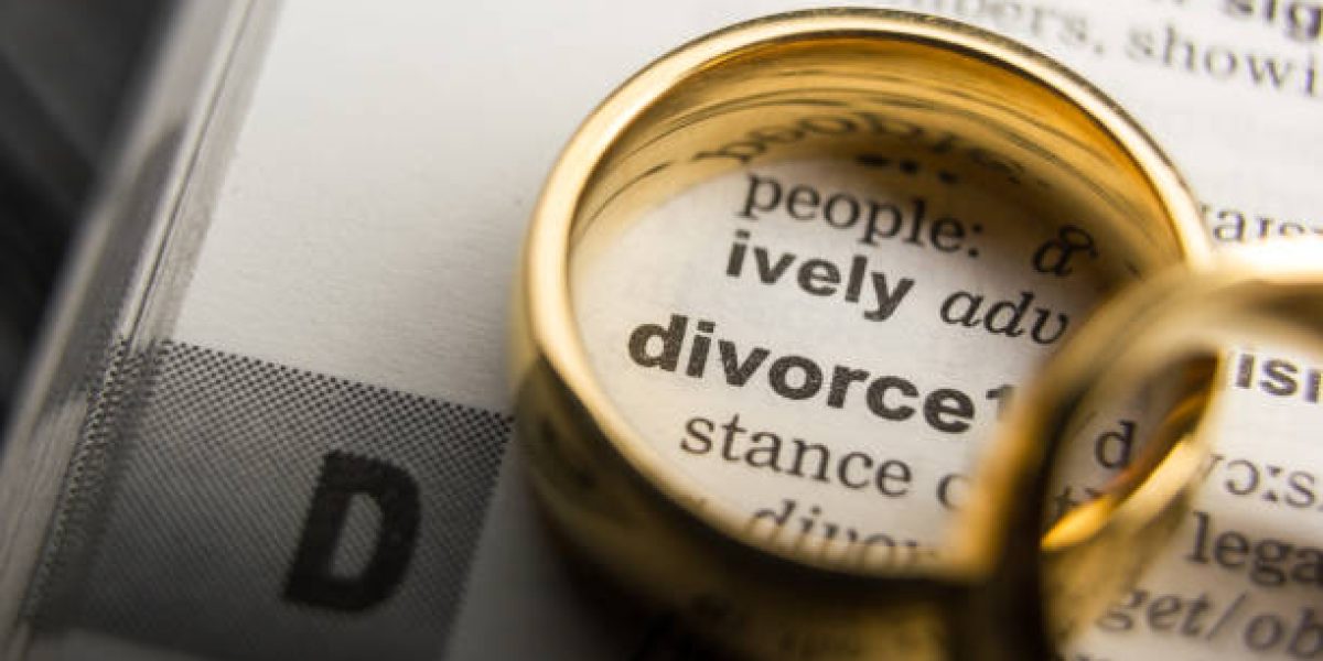 Divorce and separation concept. Two golden wedding rings. Dictionary definition